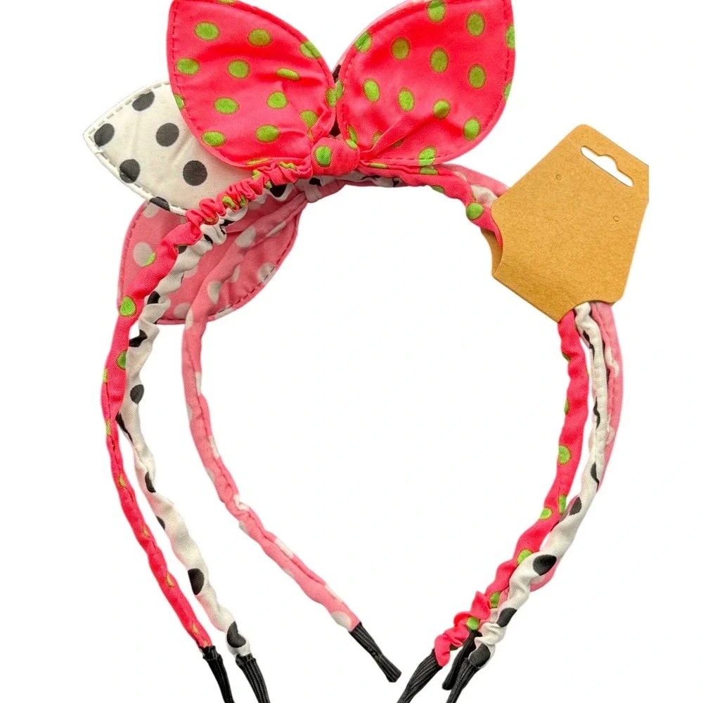 Girls 3 Pack Polka Dot Bow Headbands Pink Green White Black Hair Accessories